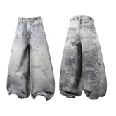 STARRVAINT Graffiti Washed Curved Denim Pants