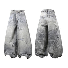 STARRVAINT Graffiti Washed Curved Denim Pants