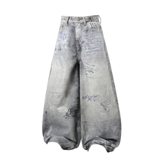 STARRVAINT Graffiti Washed Curved Denim Pants