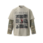 STARRVAINT Layered Camo-Sleeve Distressed Tee
