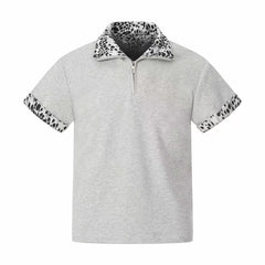 STARRVAINT “Leopard Trim Zip Polo”