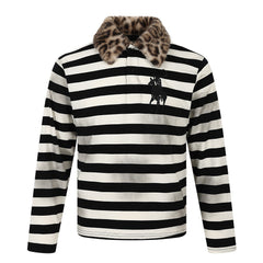 STARRVAINT Leopard Collar Stripe Polo Tee