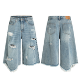 STARRVAINT Destroyed Fringe Denim Shorts
