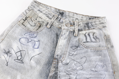 STARRVAINT Graffiti Washed Curved Denim Pants