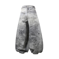 STARRVAINT Graffiti Washed Curved Denim Pants