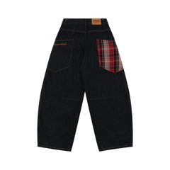STARRVAINT Red Plaid Patch Curved Denim Pants
