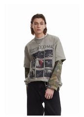 STARRVAINT Layered Camo-Sleeve Distressed Tee