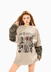 STARRVAINT Layered Camo-Sleeve Distressed Graphic Tee