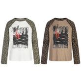 STARRVAINT Leopard Sleeve Graphic Waffle Long Sleeve T-Shirt