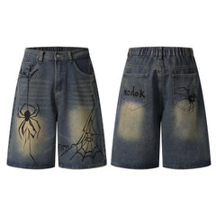 STARRVAINT Spiderweb Graphic Wide-Leg Denim Shorts