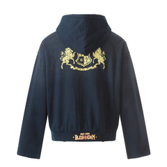 STARRVAINT Distressed Crest Zip-Up Hoodie