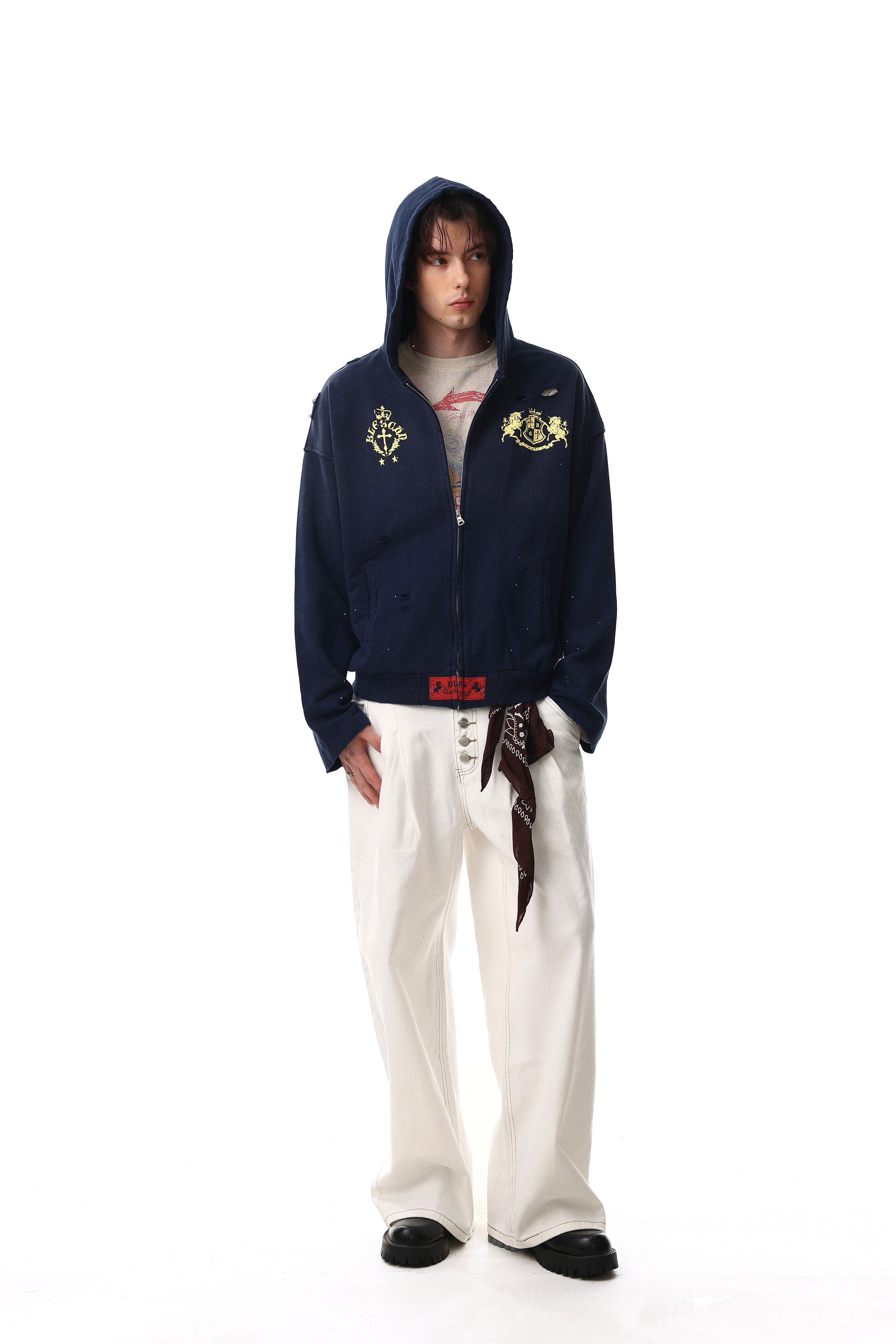 STARRVAINT Distressed Crest Zip-Up Hoodie