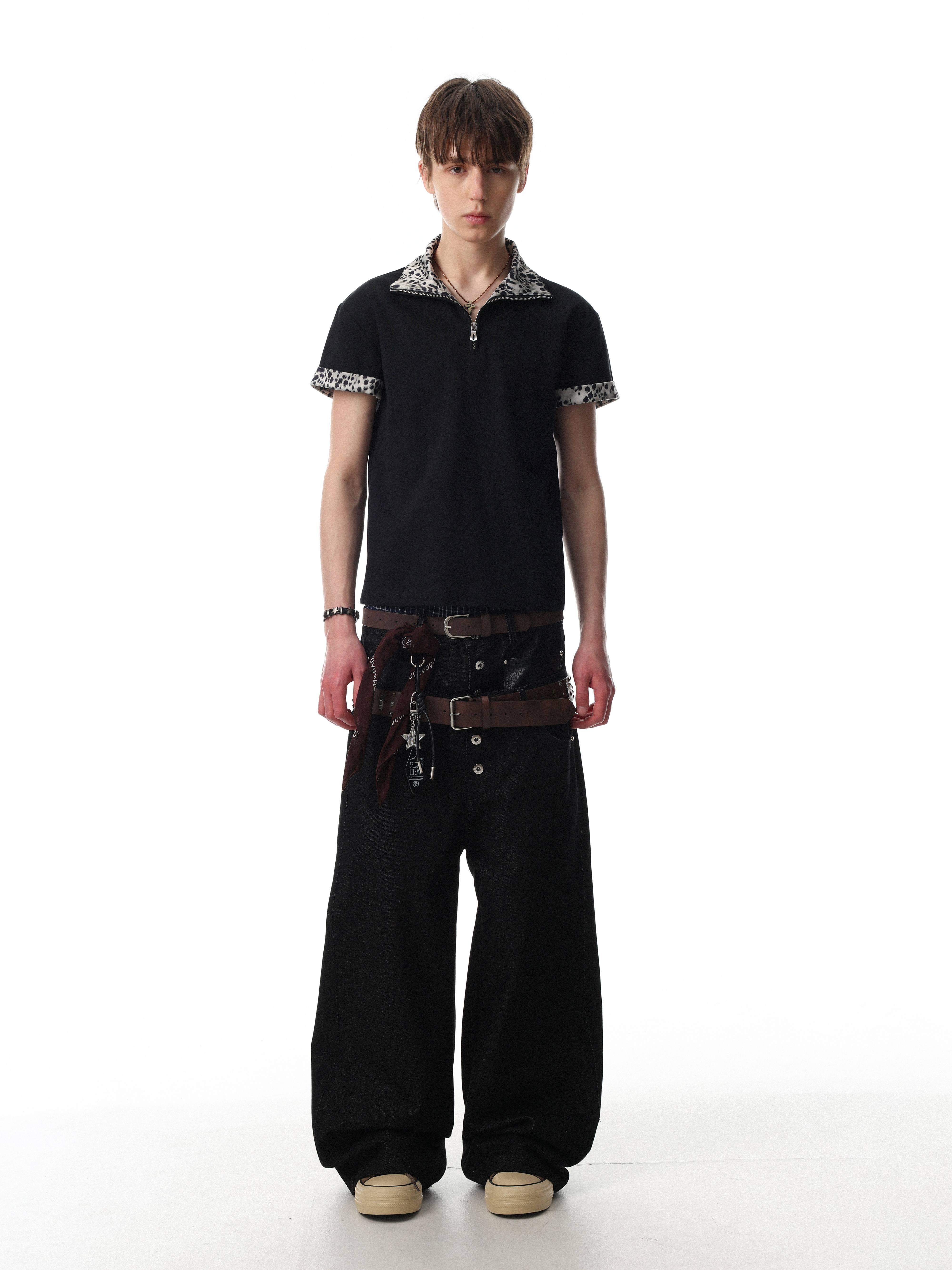 STARRVAINT “Leopard Trim Zip Polo”
