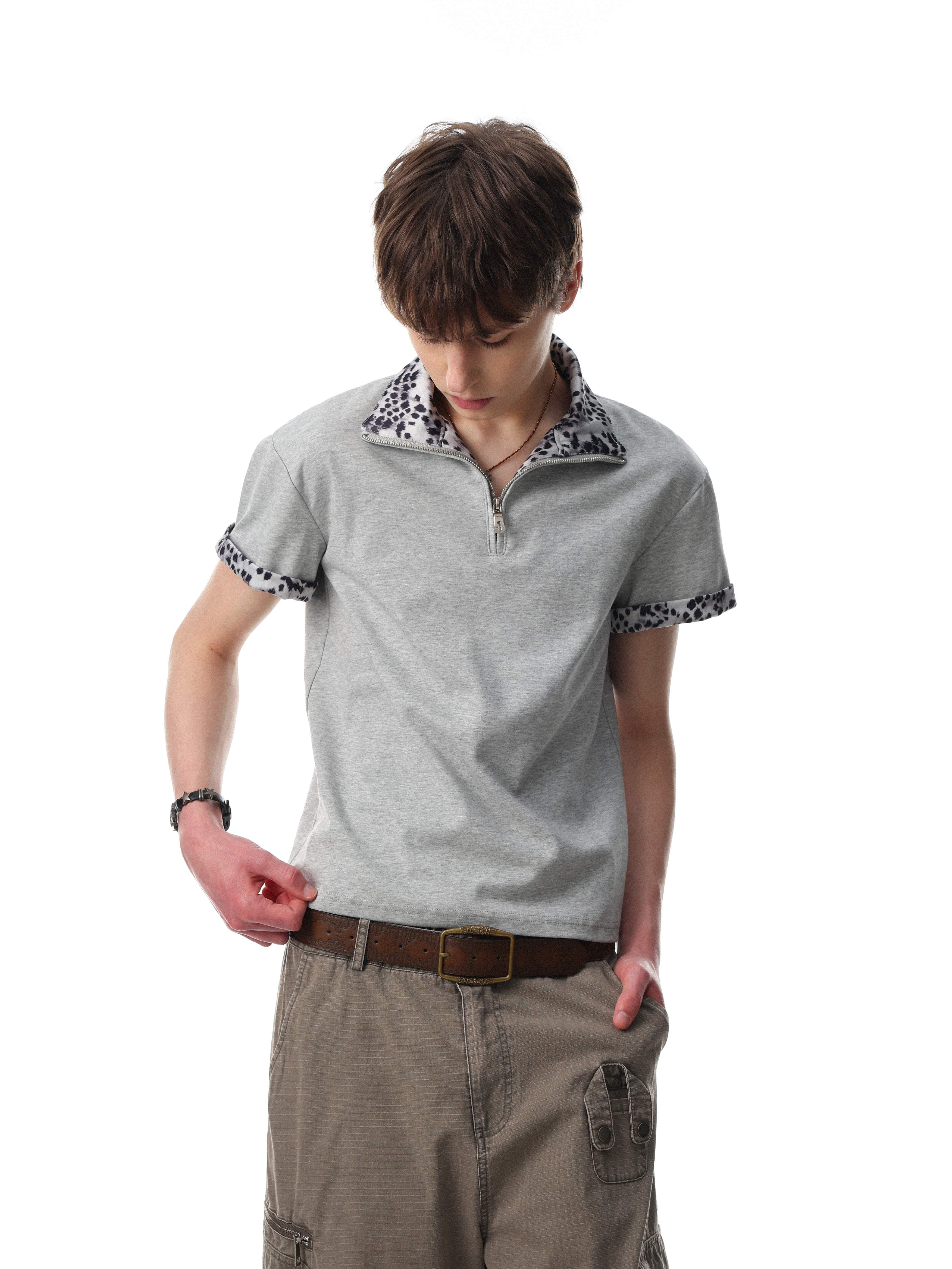 STARRVAINT “Leopard Trim Zip Polo”