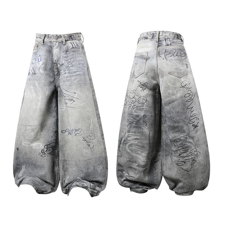 STARRVAINT Graffiti Washed Curved Denim Pants