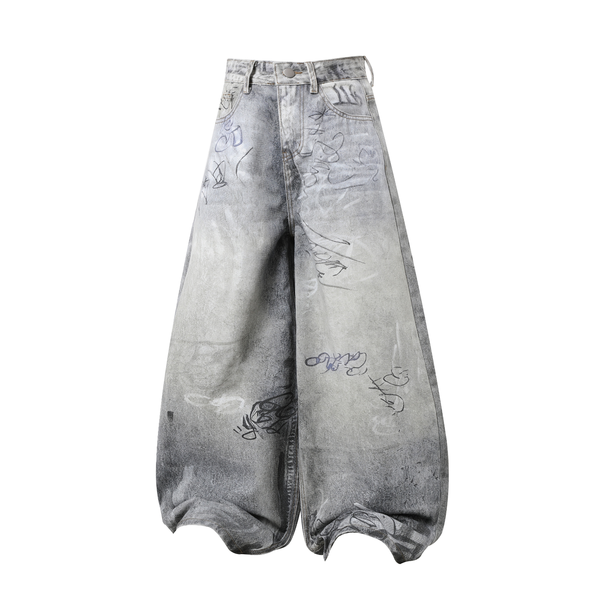 STARRVAINT Graffiti Washed Curved Denim Pants