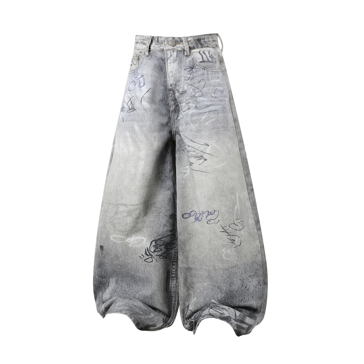 STARRVAINT Graffiti Washed Curved Denim Pants