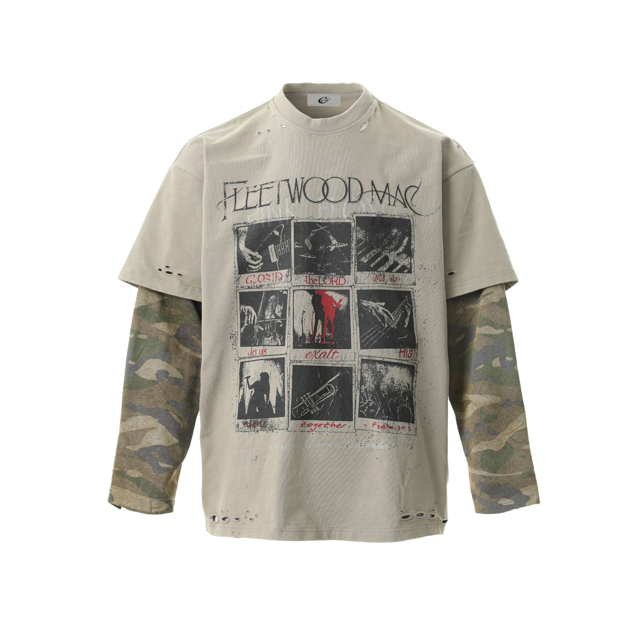 STARRVAINT Layered Camo-Sleeve Distressed Tee