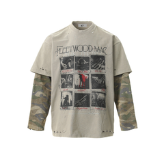 STARRVAINT Layered Camo-Sleeve Distressed Tee