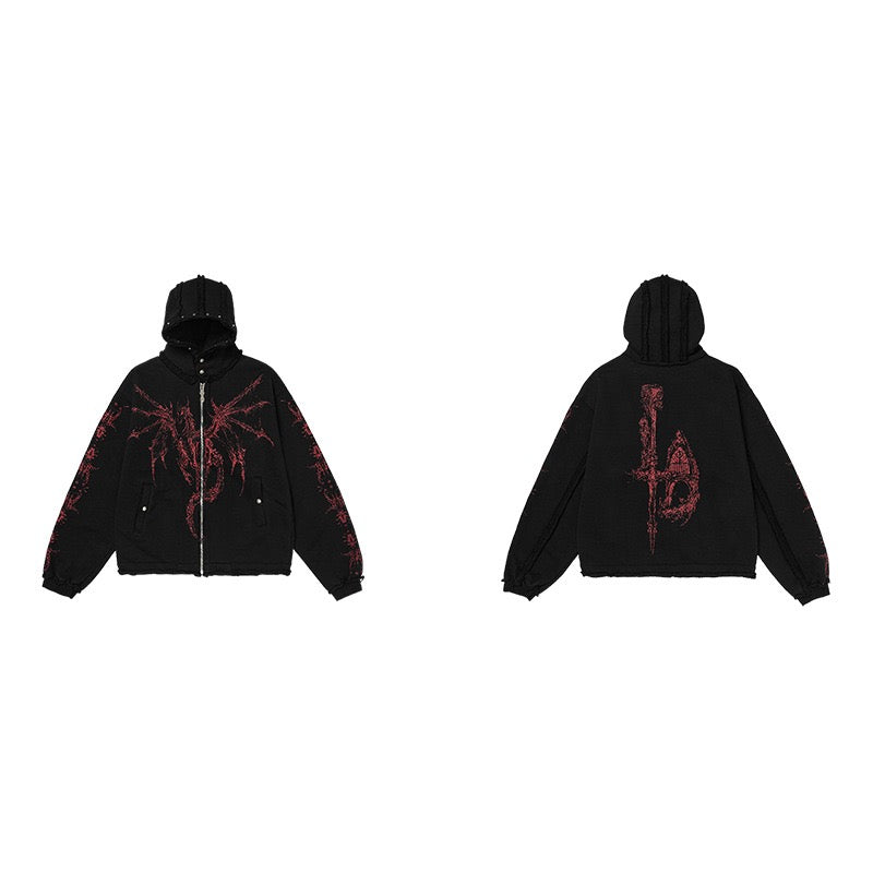 STARRVAINT Gothic Dragon Graphic Zip-Up Hoodie