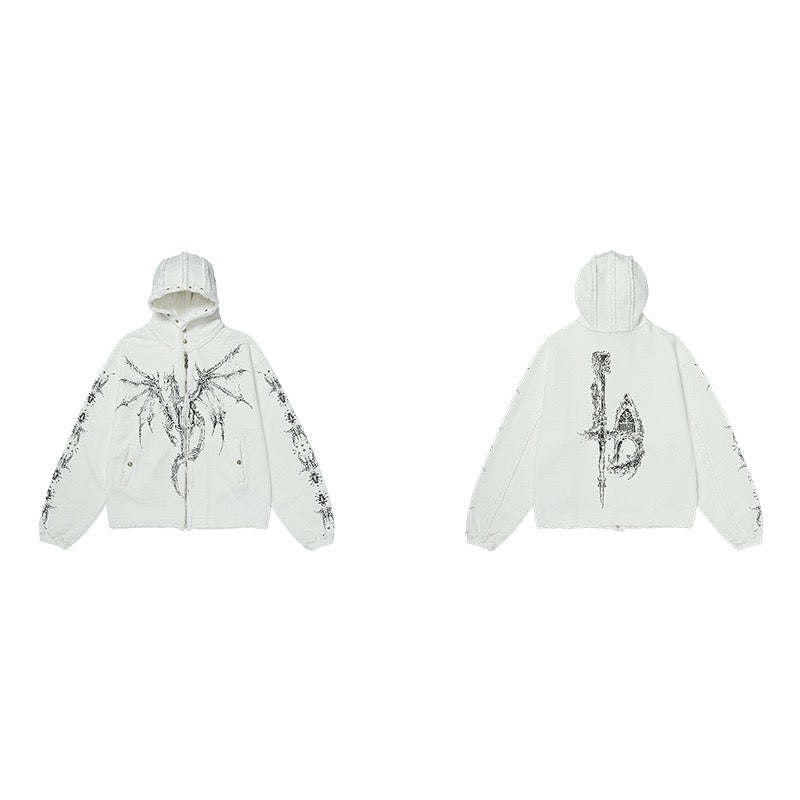 STARRVAINT Gothic Dragon Graphic Zip-Up Hoodie