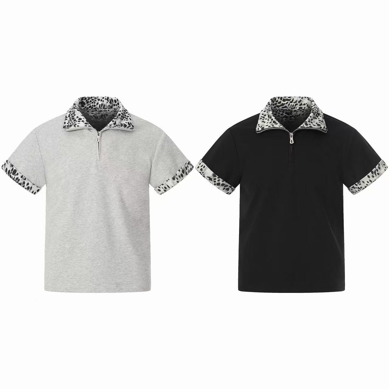 STARRVAINT “Leopard Trim Zip Polo”