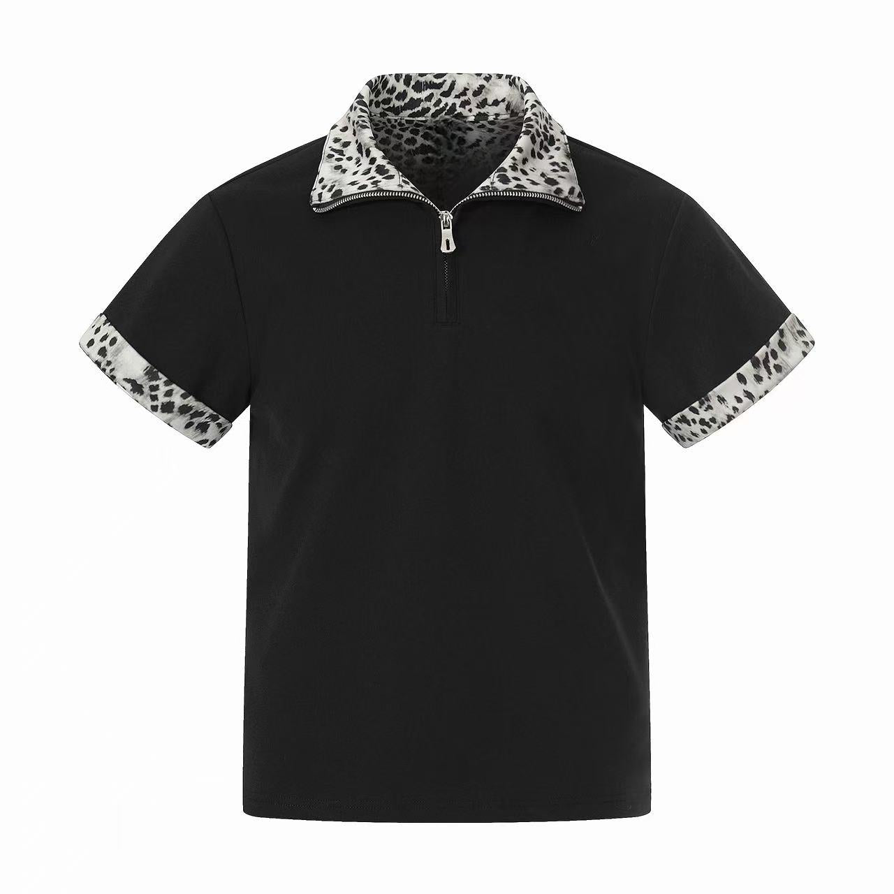 STARRVAINT “Leopard Trim Zip Polo”