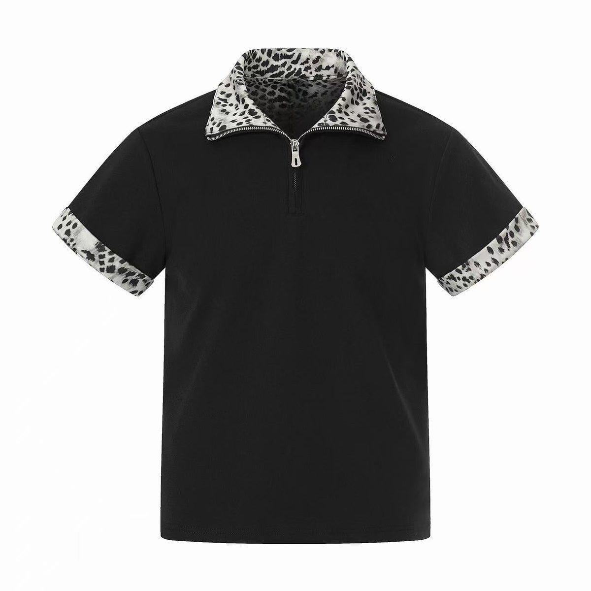 STARRVAINT “Leopard Trim Zip Polo”