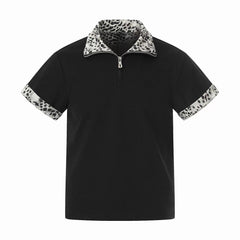STARRVAINT “Leopard Trim Zip Polo”
