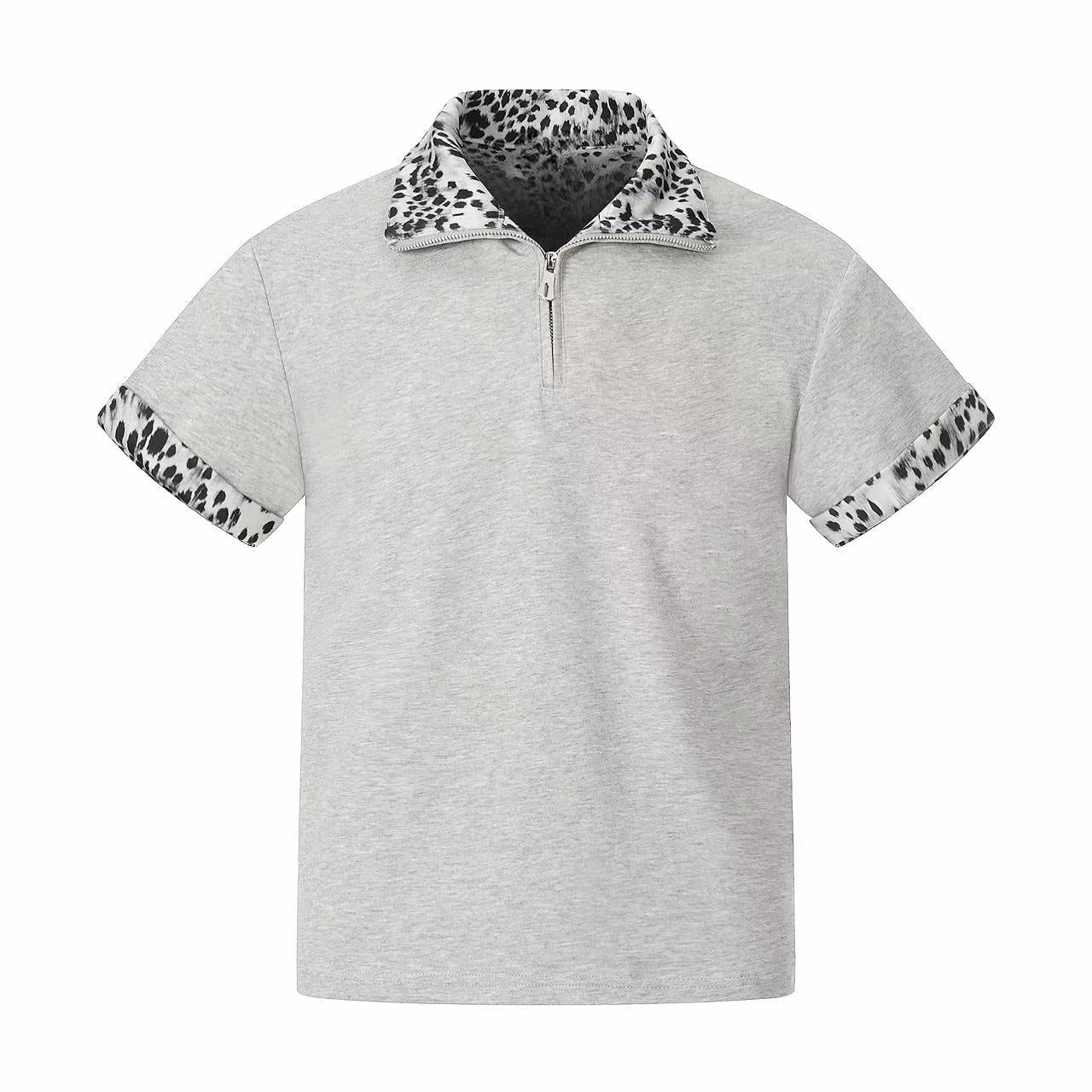 STARRVAINT “Leopard Trim Zip Polo”