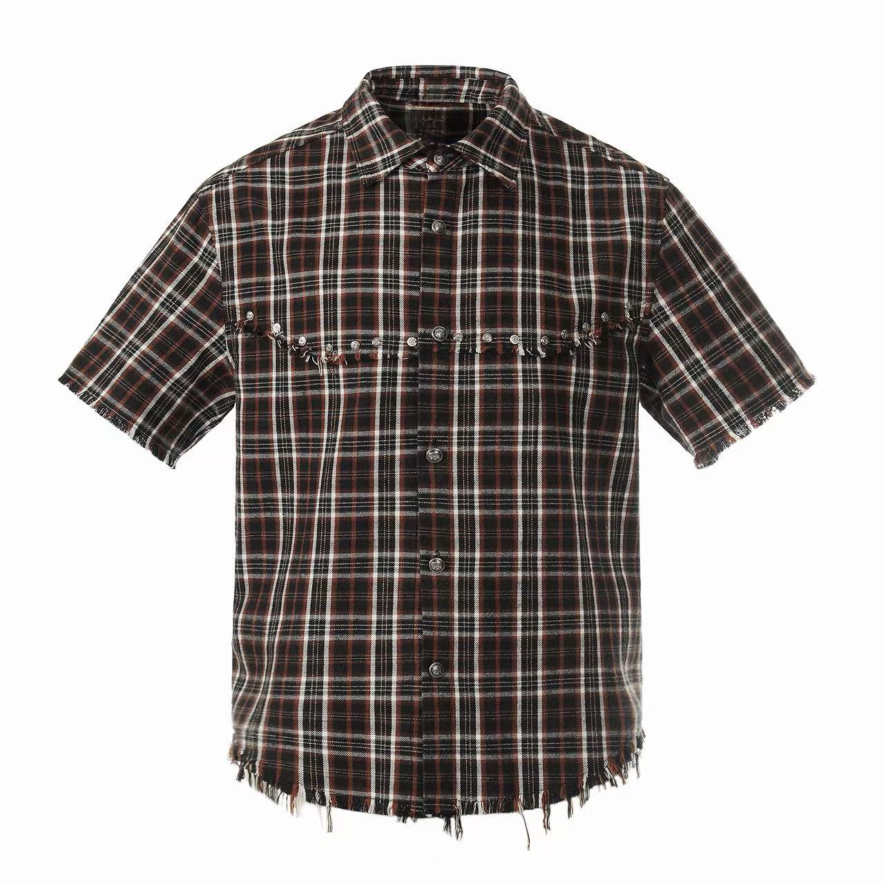 STARRVAINT “Distressed Plaid Short Sleeve Shirt”