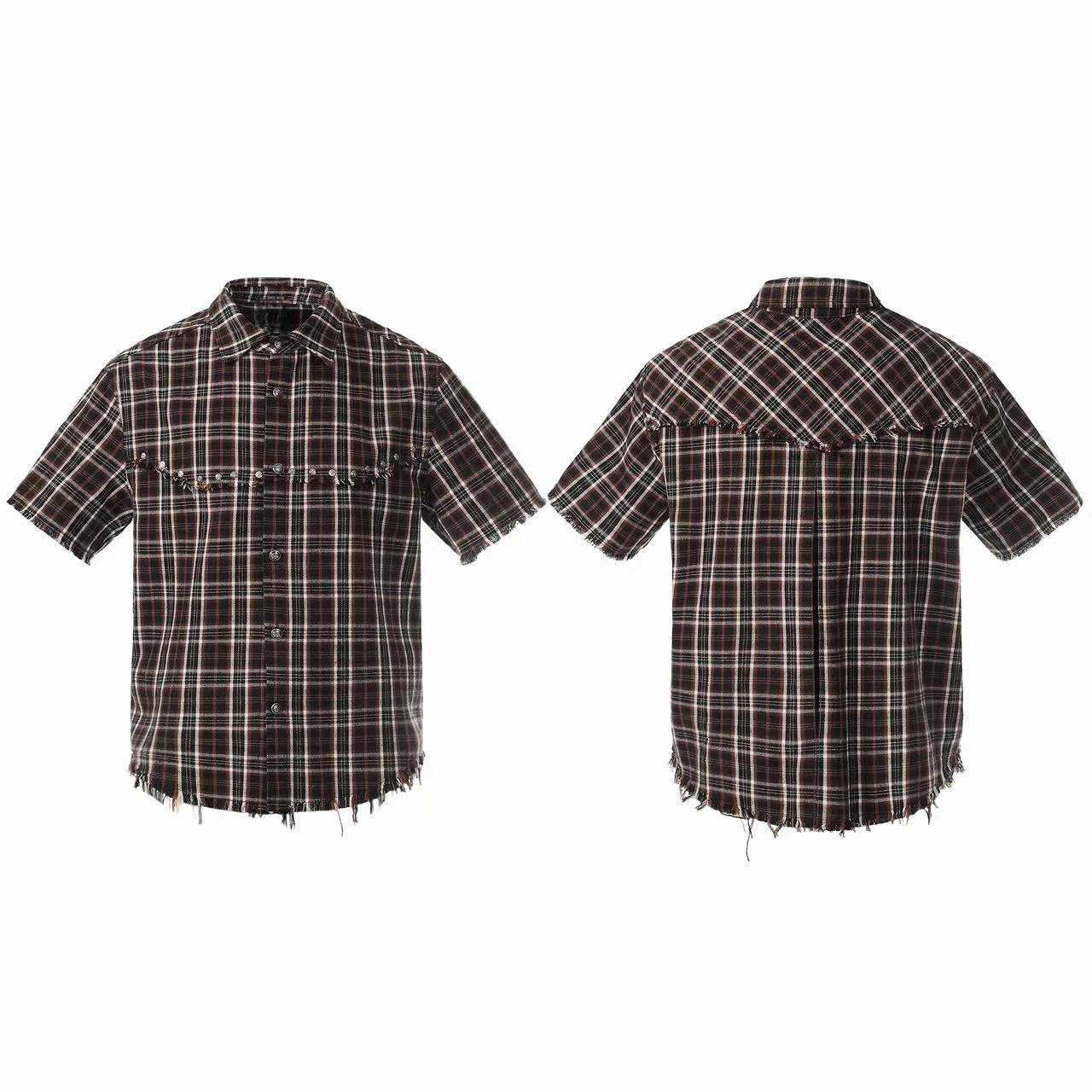 STARRVAINT “Distressed Plaid Short Sleeve Shirt”