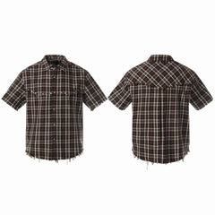 STARRVAINT “Distressed Plaid Short Sleeve Shirt”