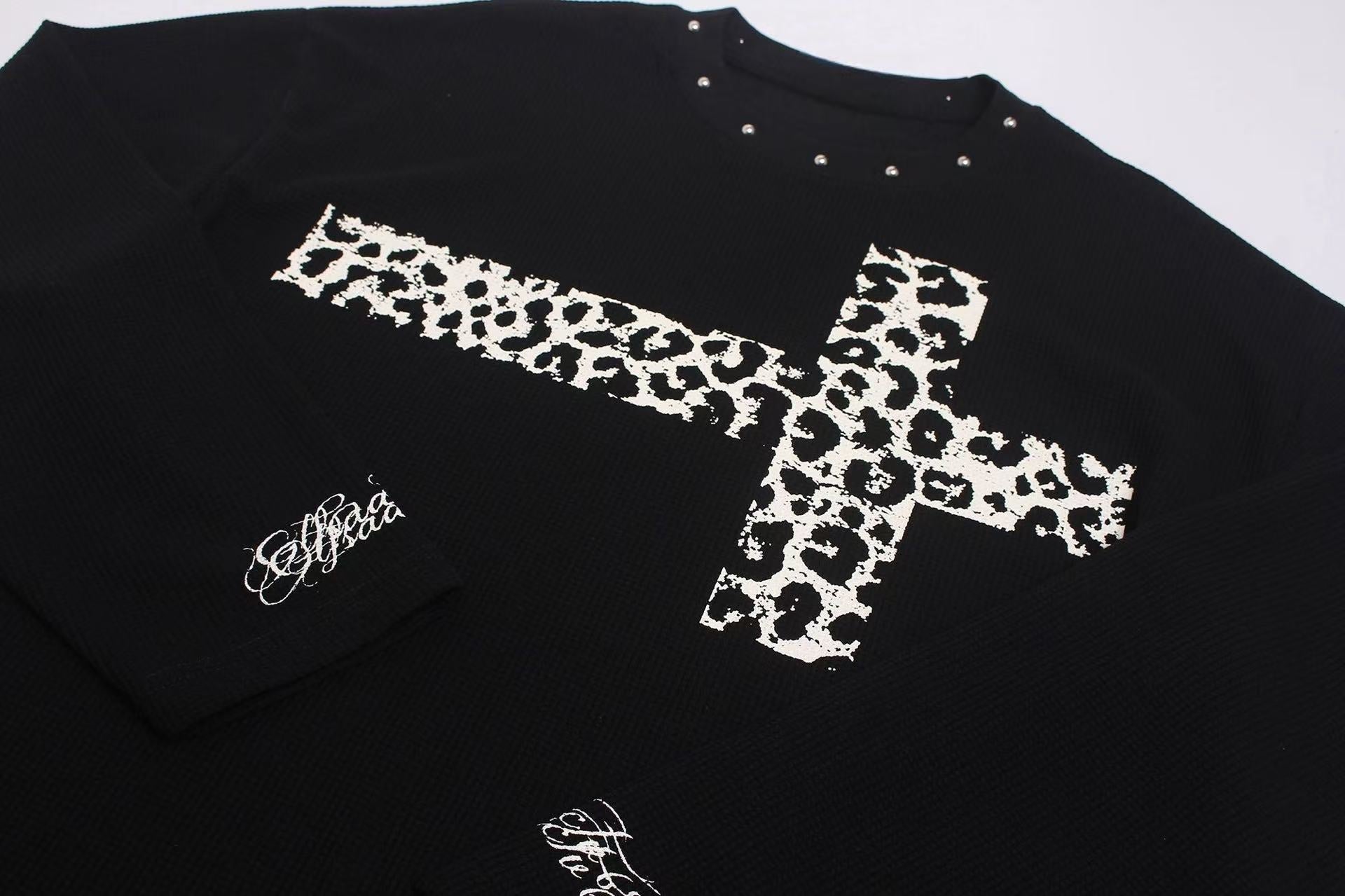 STARRVAINT Leopard Cross Waffle Long Sleeve