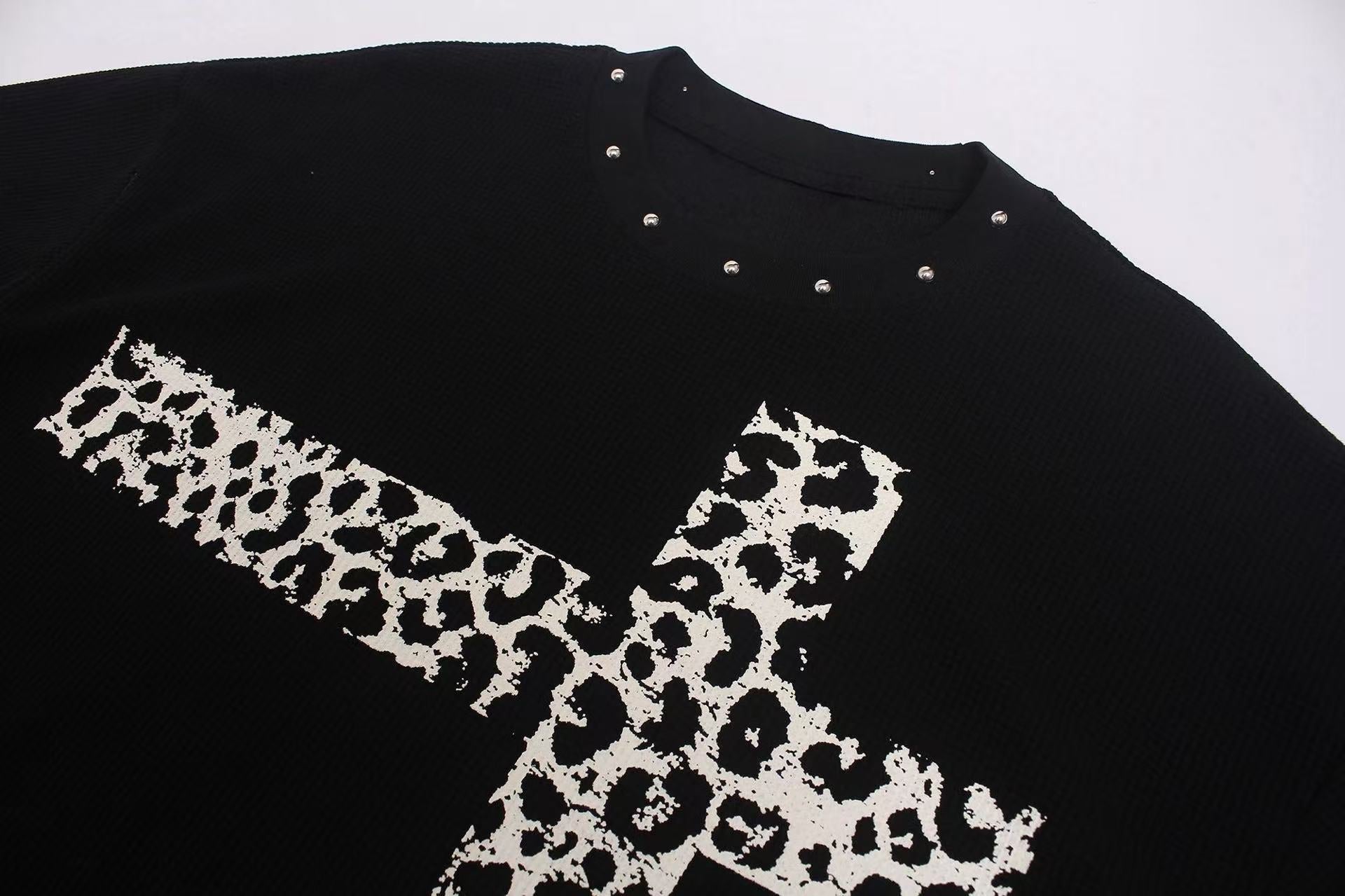 STARRVAINT Leopard Cross Waffle Long Sleeve