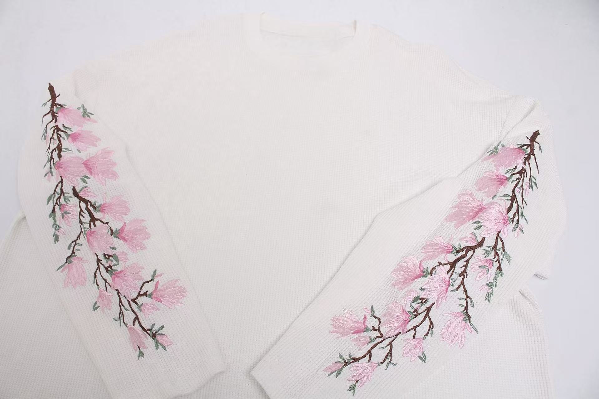 STARRVAINT Floral Sleeve Waffle Long Sleeve