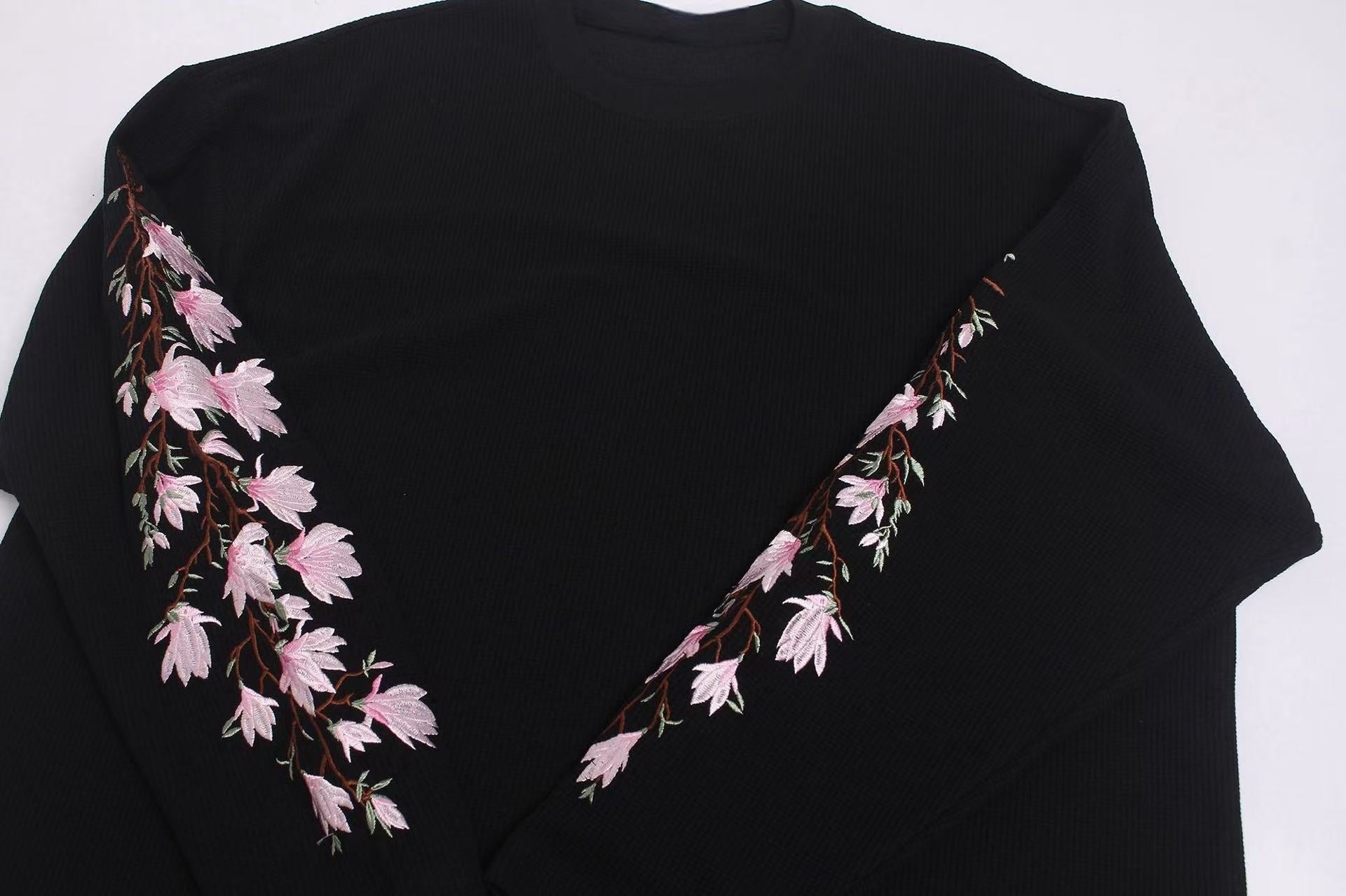 STARRVAINT Floral Sleeve Waffle Long Sleeve