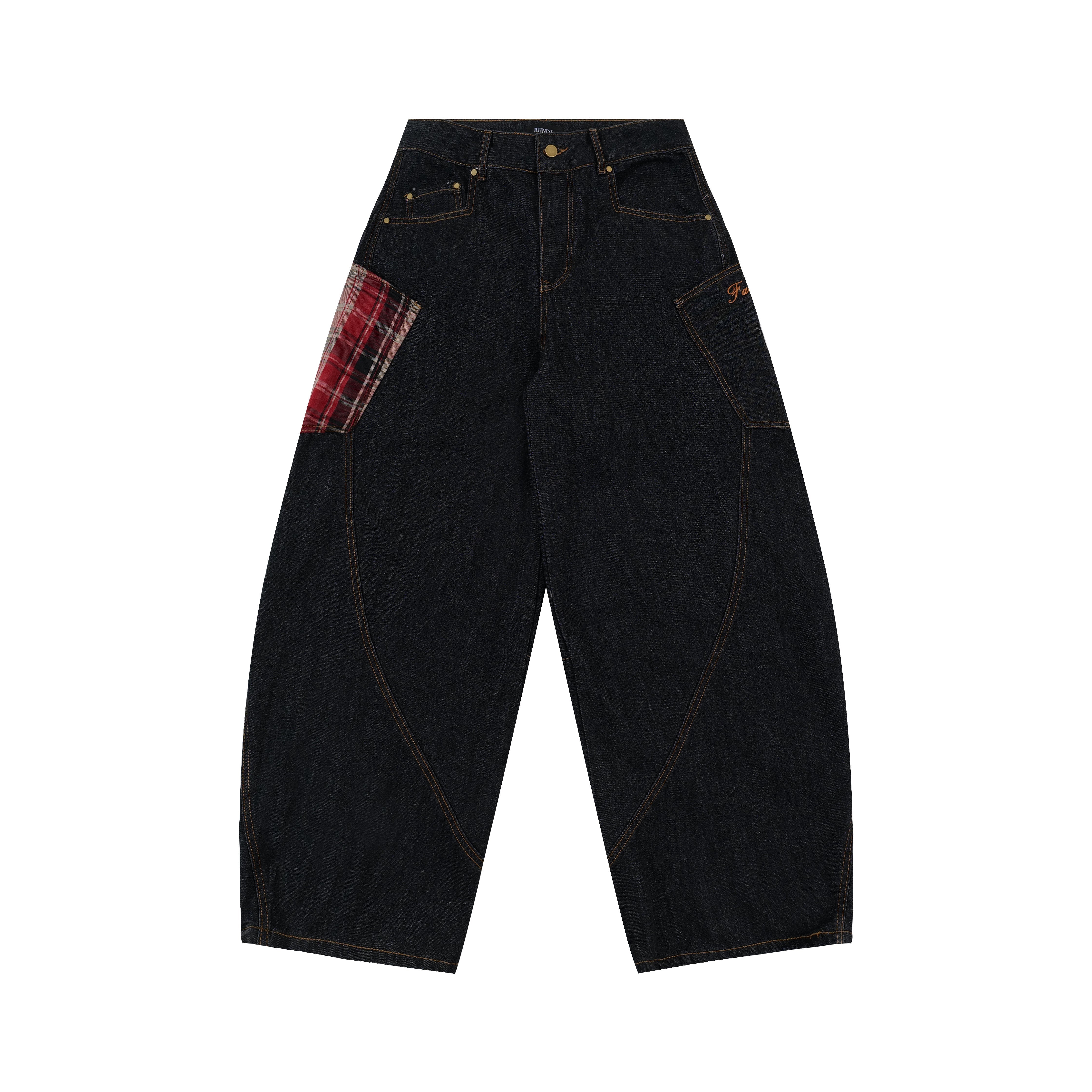 STARRVAINT Red Plaid Patch Curved Denim Pants