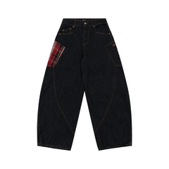 STARRVAINT Red Plaid Patch Curved Denim Pants