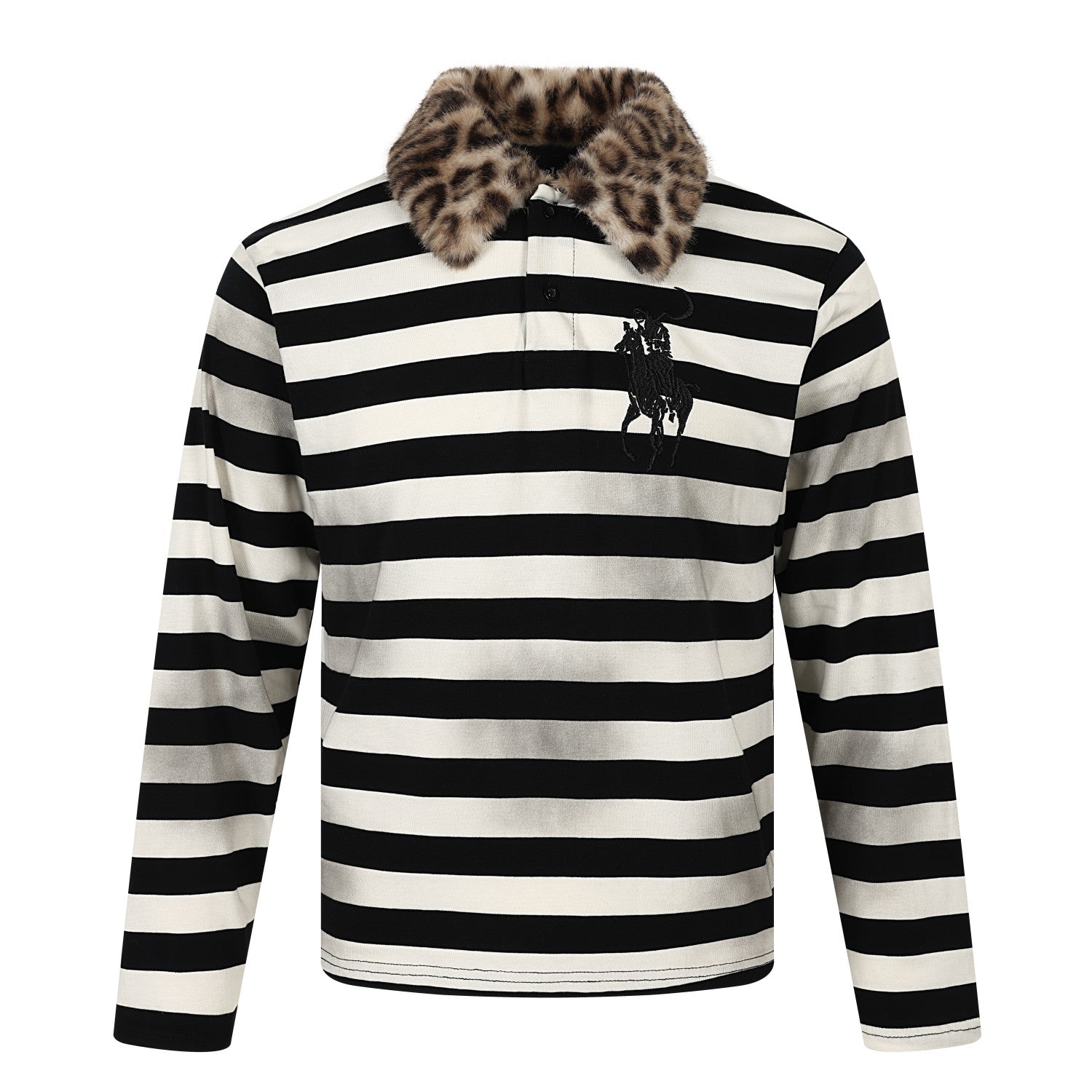 STARRVAINT Leopard Collar Stripe Polo Tee