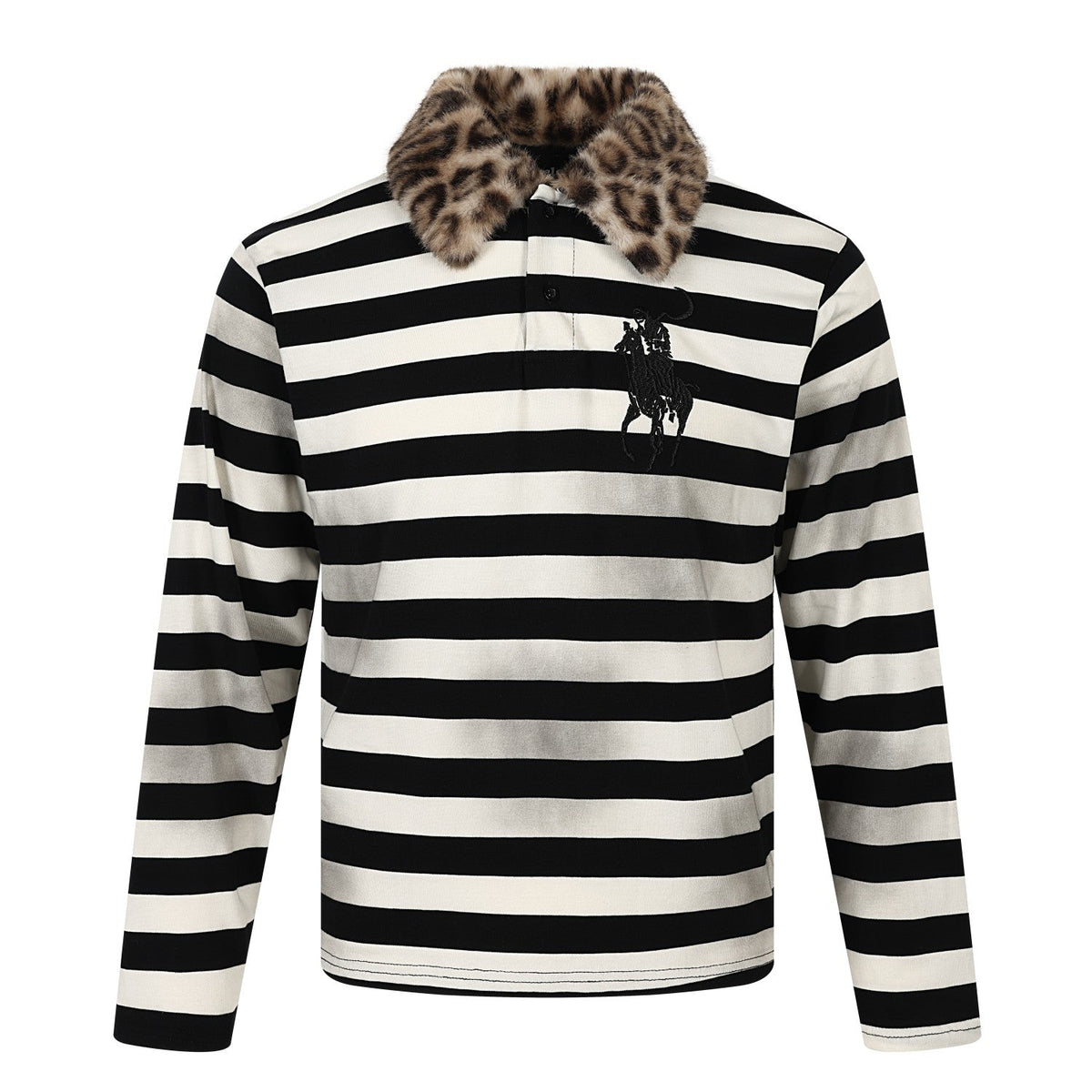 STARRVAINT Leopard Collar Stripe Polo Tee