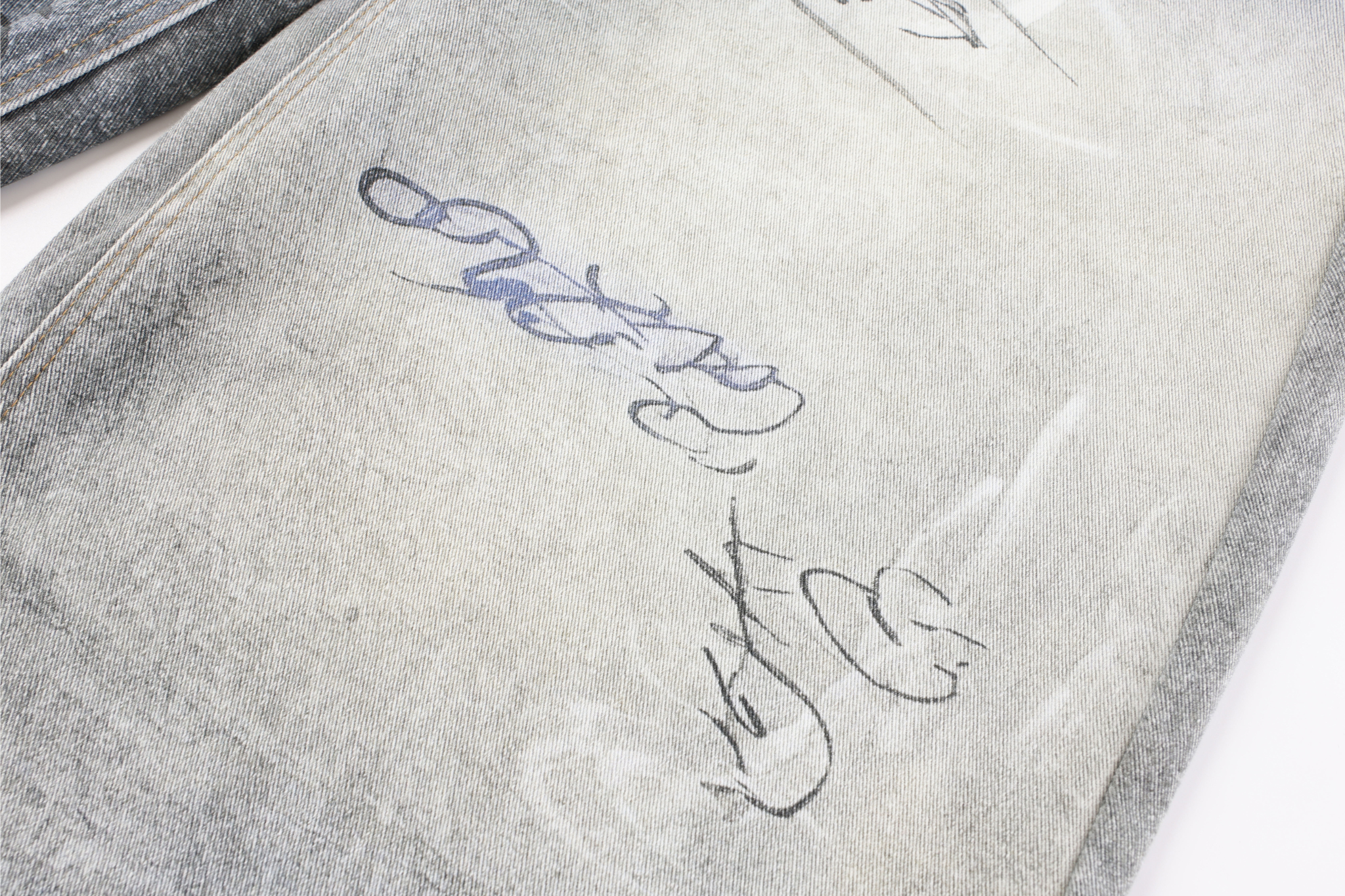 STARRVAINT Graffiti Washed Curved Denim Pants
