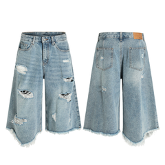 STARRVAINT Destroyed Fringe Denim Shorts