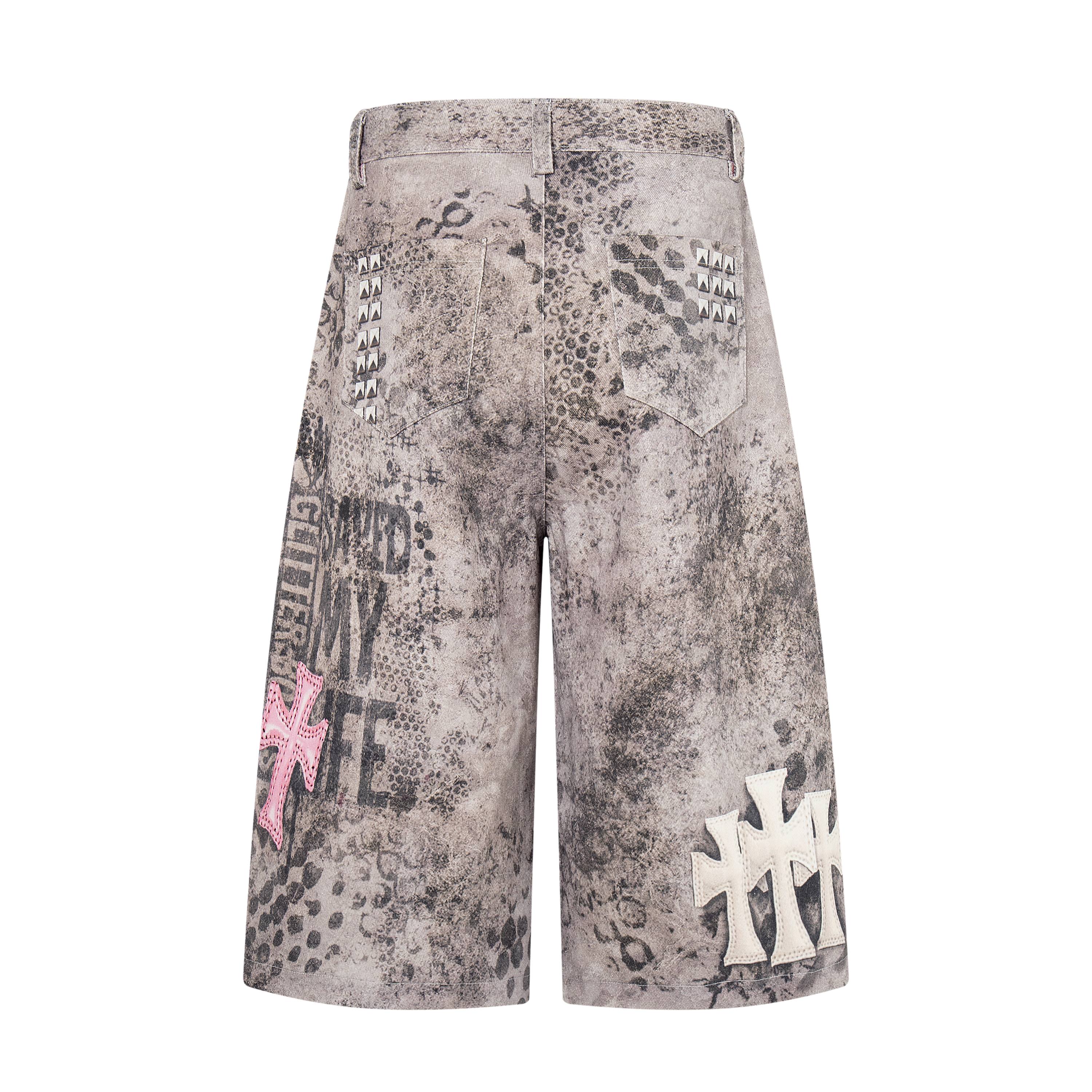 STARRVAINT “Grunge Cross Washed Denim Shorts”