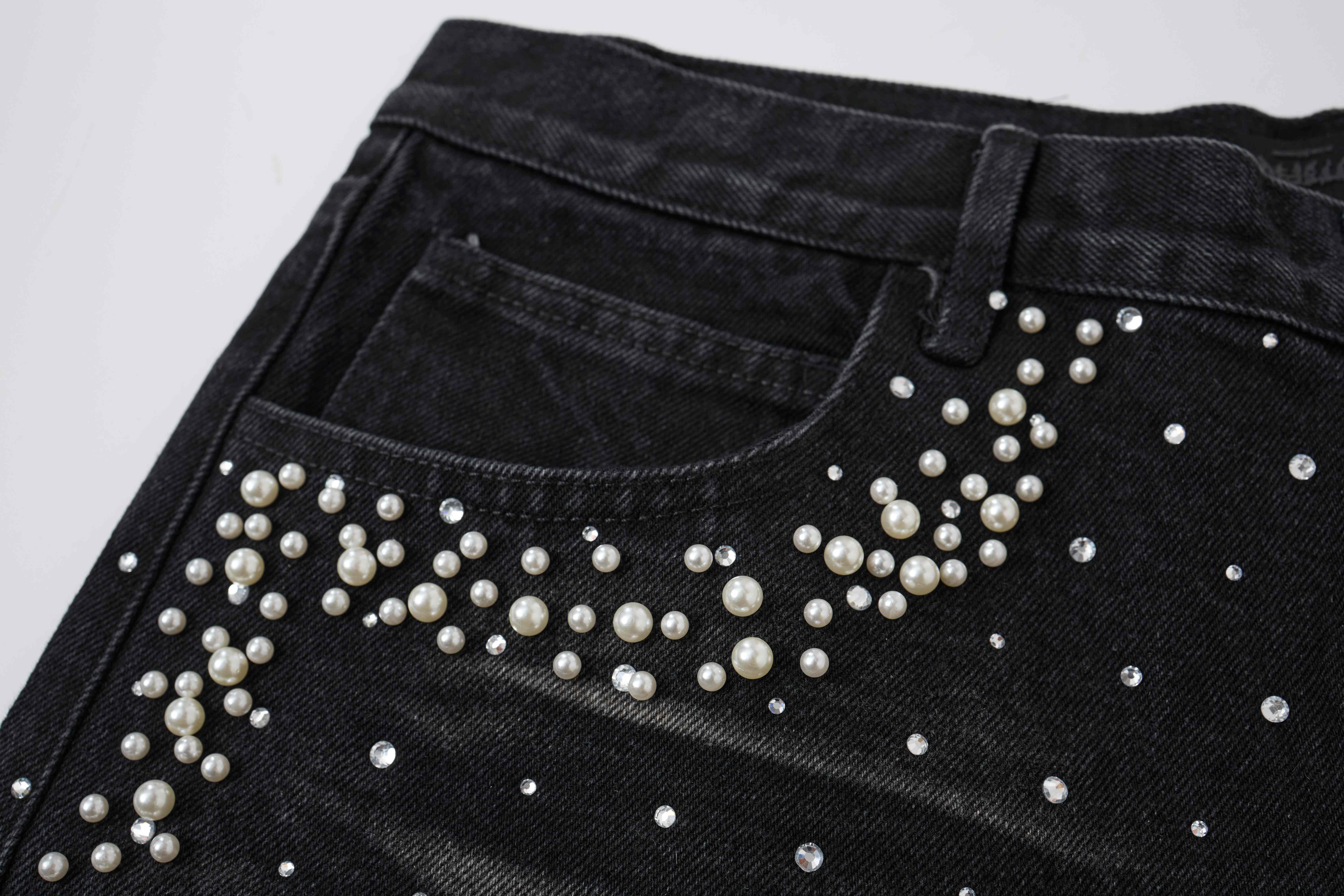 STARRVAINT Pearl Studded Denim Shorts