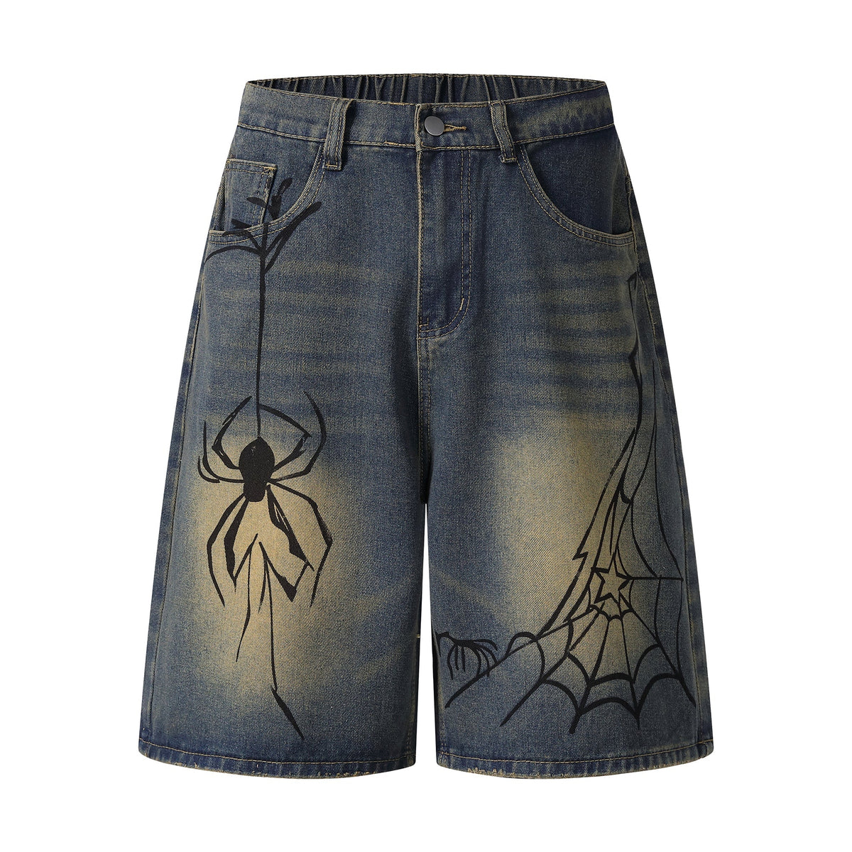 STARRVAINT Spiderweb Graphic Wide-Leg Denim Shorts