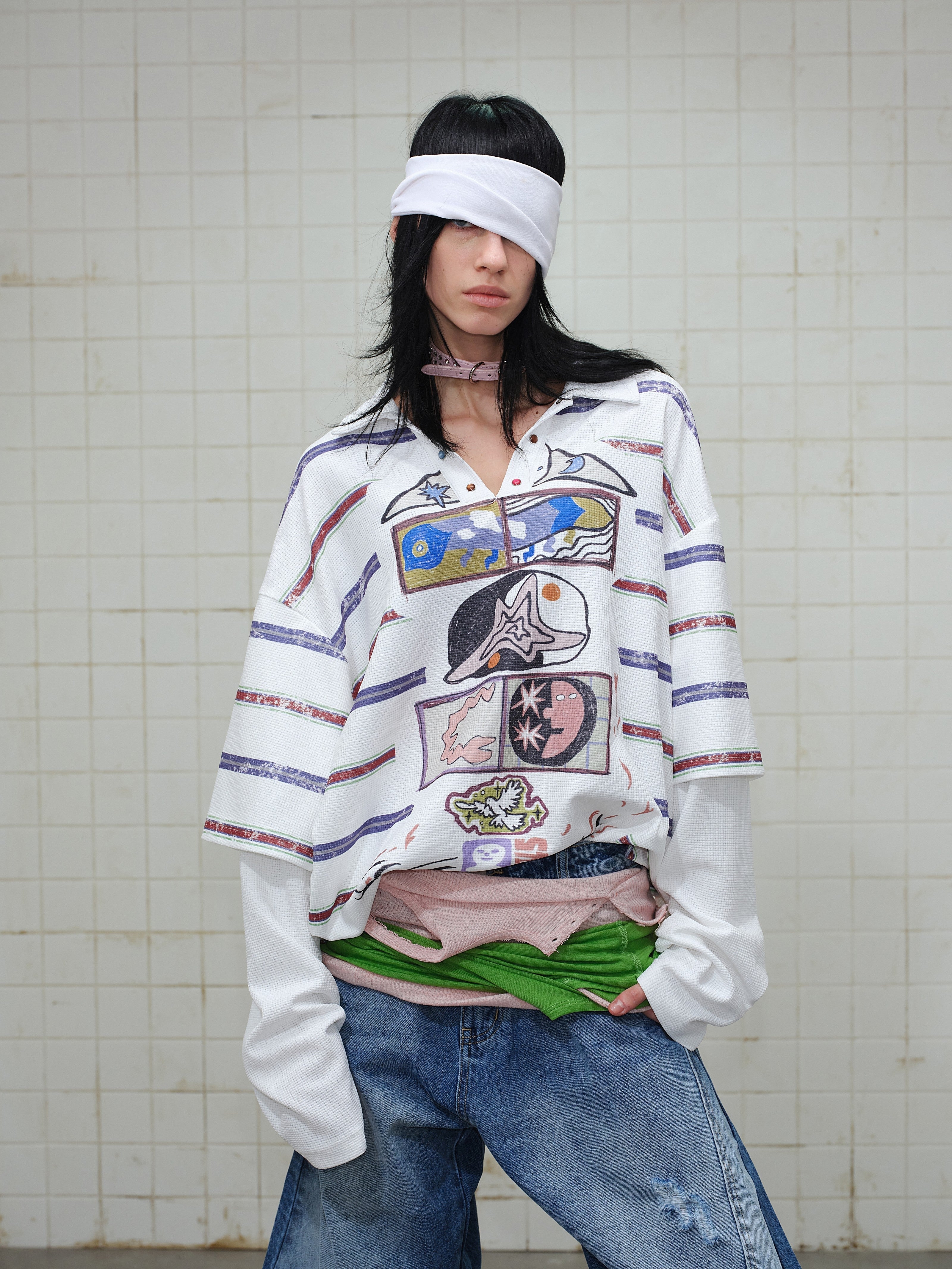 STARRVAINT Abstract Stripe Long-Sleeve Polo Shirt