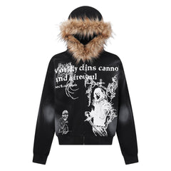 STARRVAINT Gothic Fur-Trim Zip-Up Hoodie