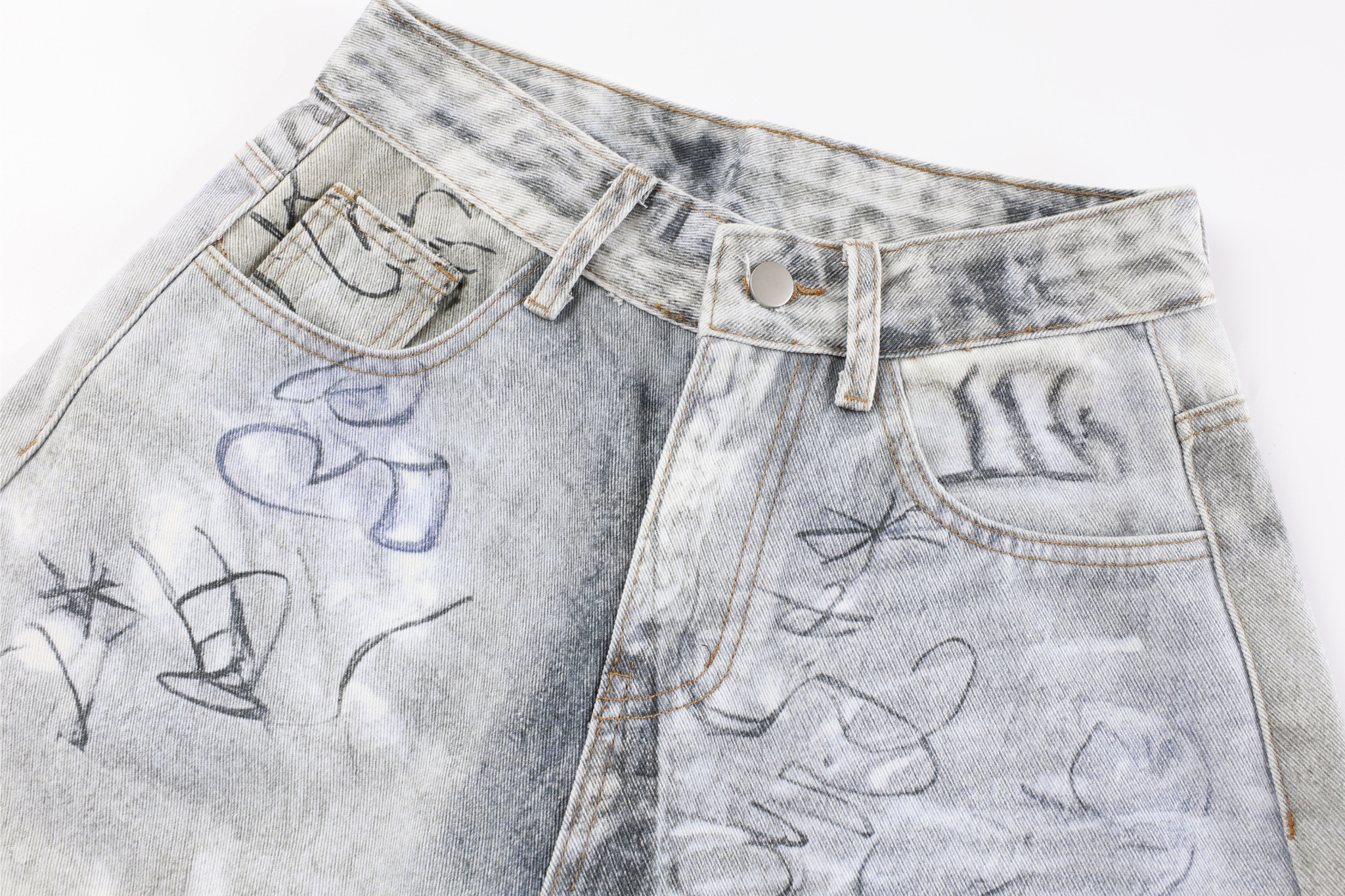 STARRVAINT Graffiti Washed Curved Denim Pants