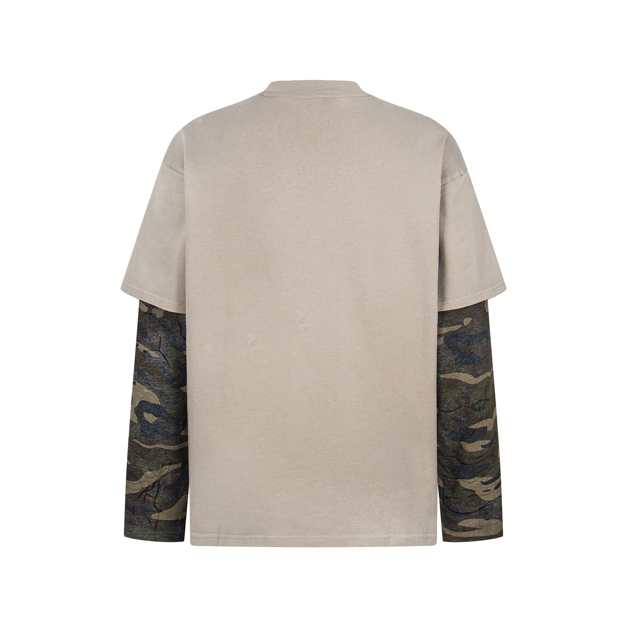 STARRVAINT Layered Camo-Sleeve Distressed Graphic Tee
